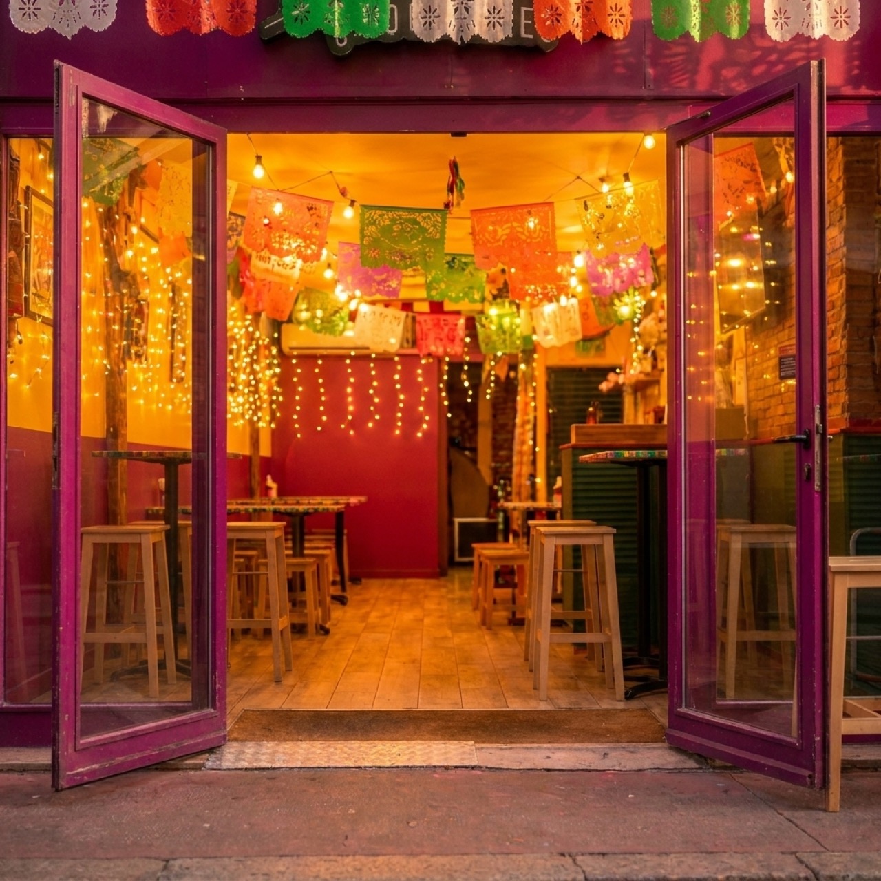 Fachada de La Taquería Toulouse al atardecer